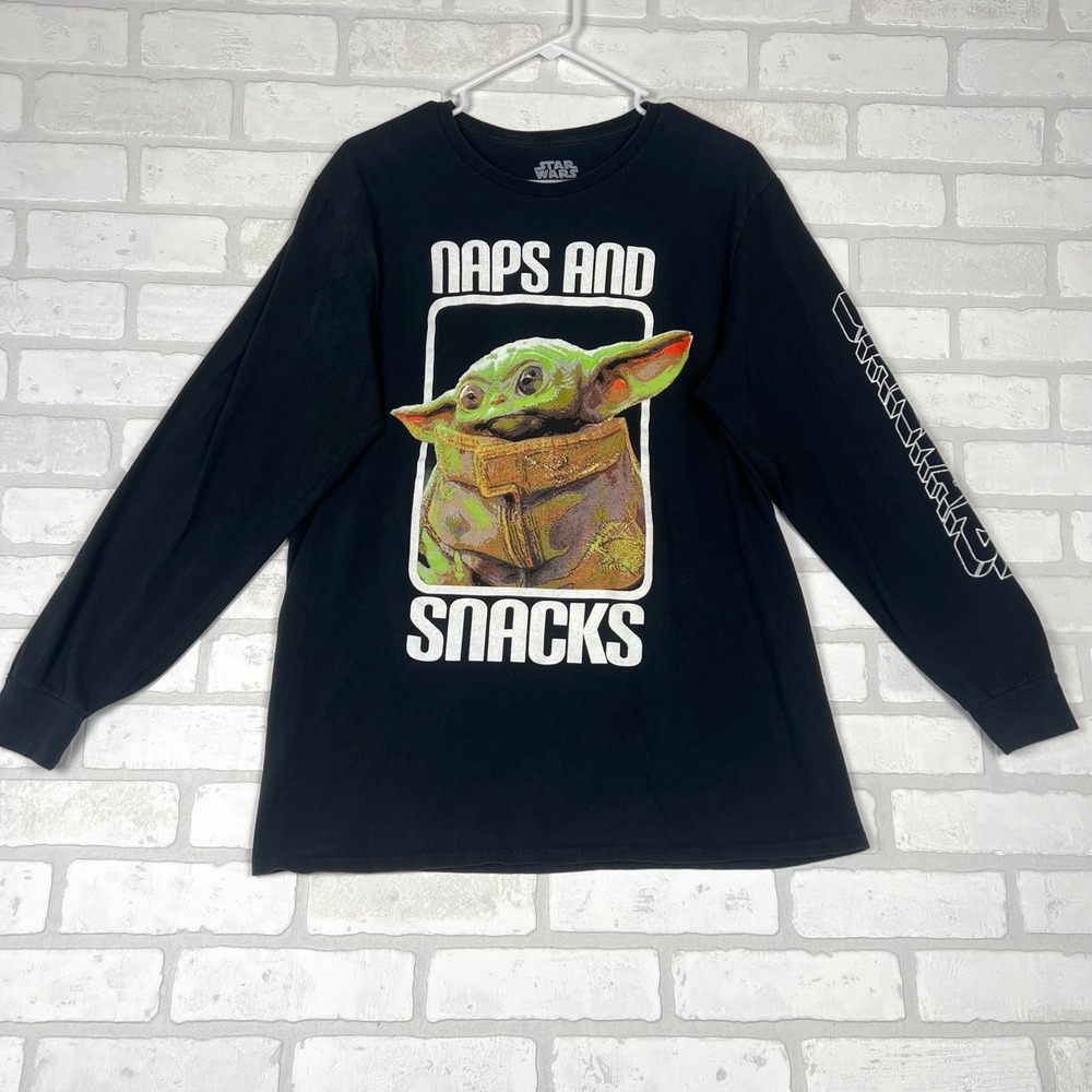 Star Wars Mandalorian Grogu Naps and Snacks Black Long Sleeve Graphic Tee L